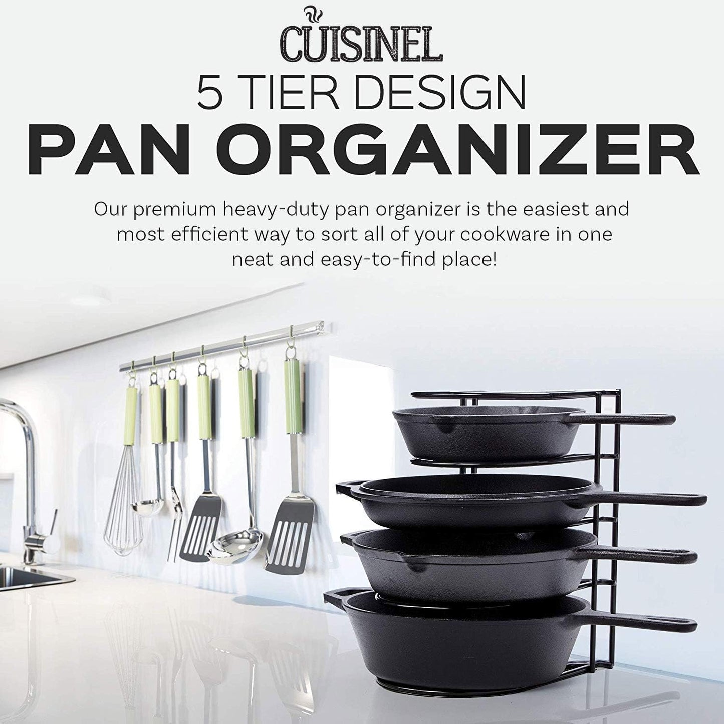 Heavy Duty Pots and Pans Organizer Rack - 12.2"-Inch Tall - 5 Tier Rack - Holds 50 LB - Cast Iron Skillets, Griddles, Shallow Cookware - Space Saving Kitchen Storage - No Assembly Required