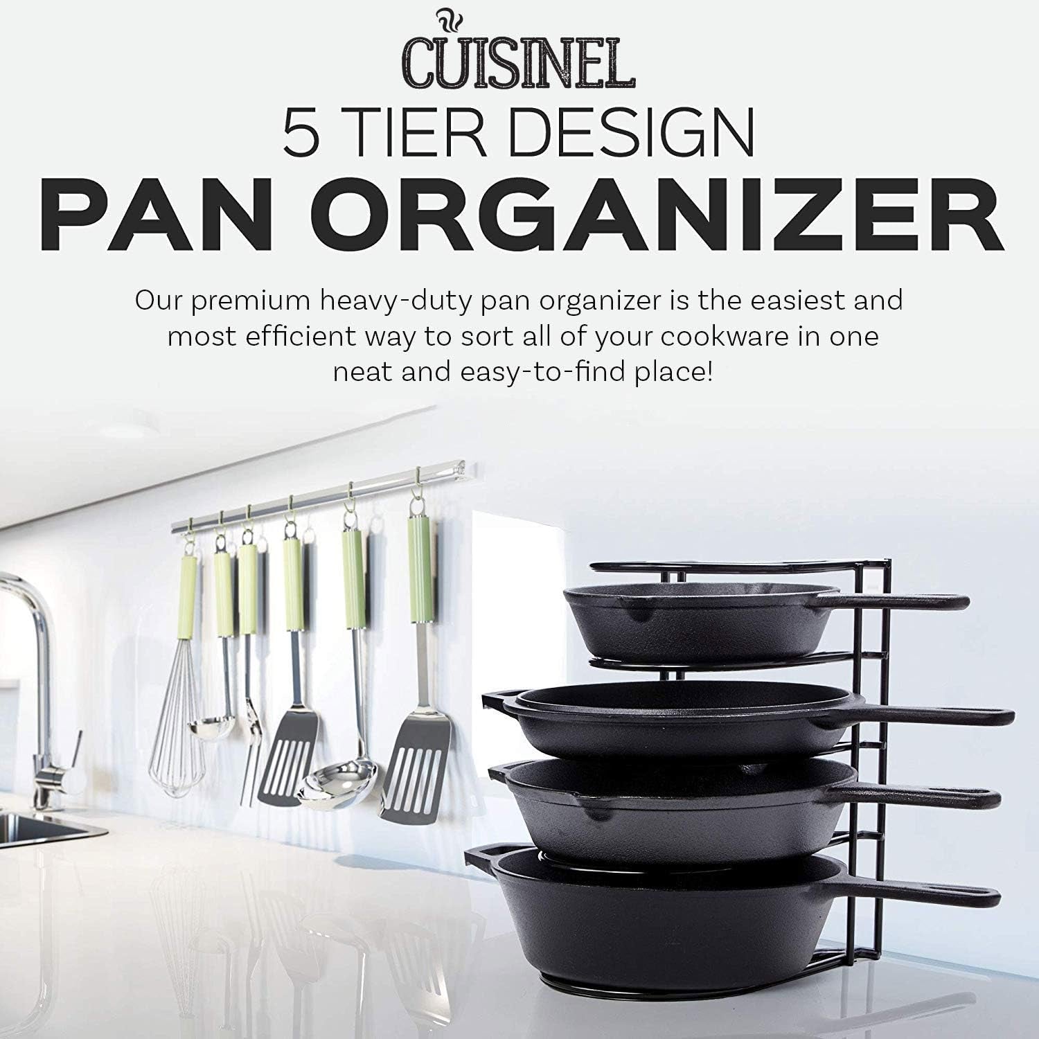 Heavy Duty Pots and Pans Organizer Rack - 12.2"-Inch Tall - 5 Tier Rack - Holds 50 LB - Cast Iron Skillets, Griddles, Shallow Cookware - Space Saving Kitchen Storage - No Assembly Required