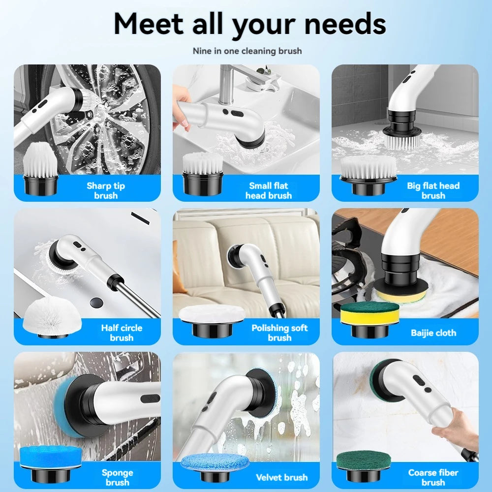 Electric Cleaning Brush 9-In-1 Wireless Telescopic Handheld Household Kitchen Floor Bathroom 9 Head Cleaning Scrubber